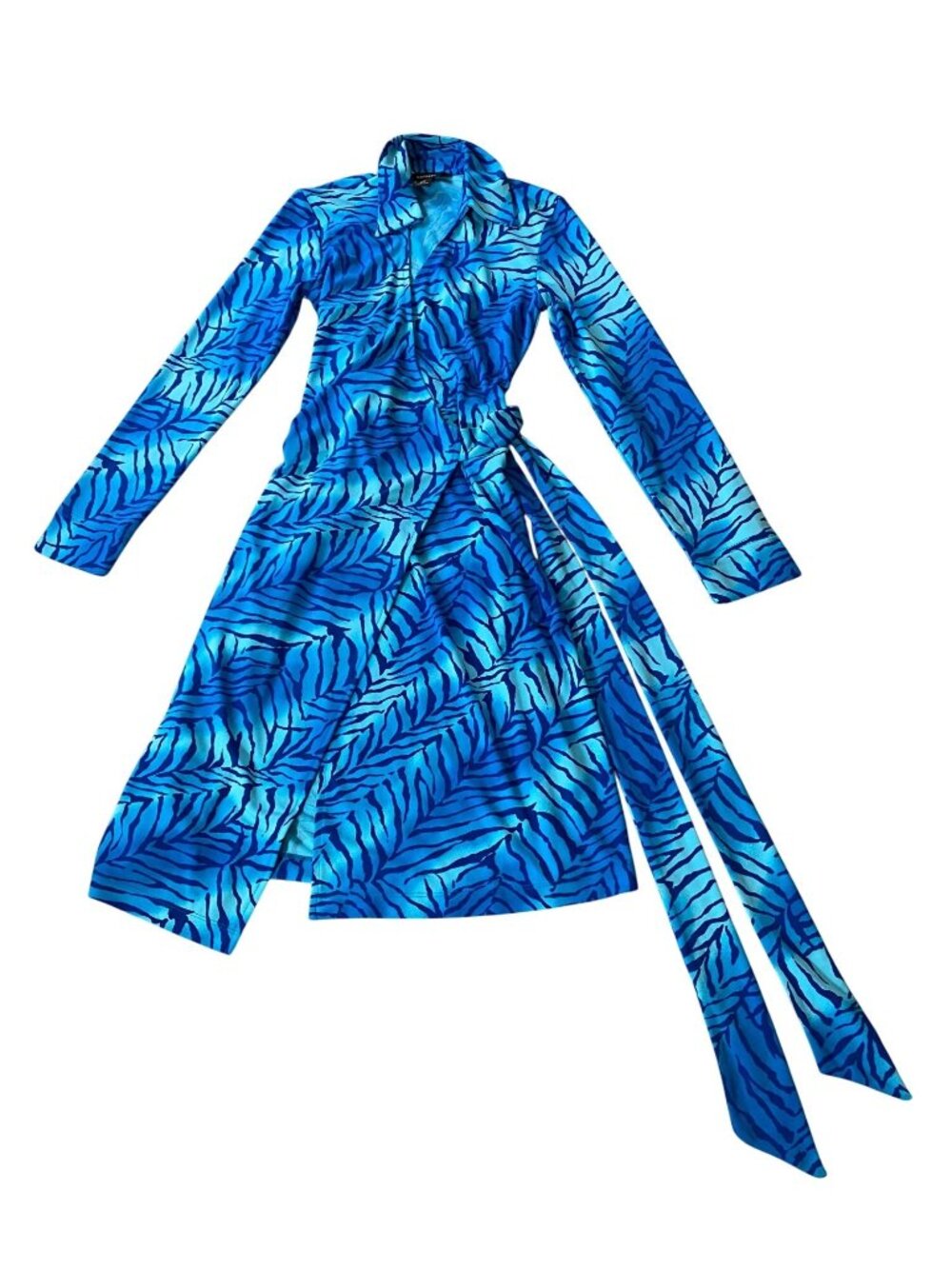 Blue Zebra Print Wrap Dress With Collar & Long Sleeves XS - Picture 2 of 10